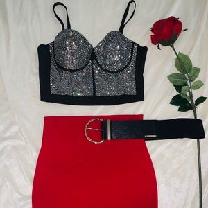 Black Cristal top with Red Mini skirt